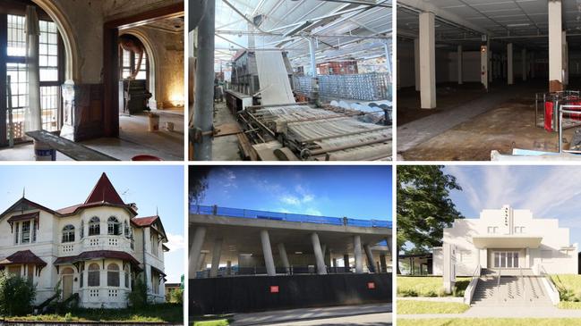 (Clockwise from top left): The Lamb House restoration; the Rocklea textile factory; inside the Waltons buildings; the Avalon theatre; the stalled Icon tower; Keating House.