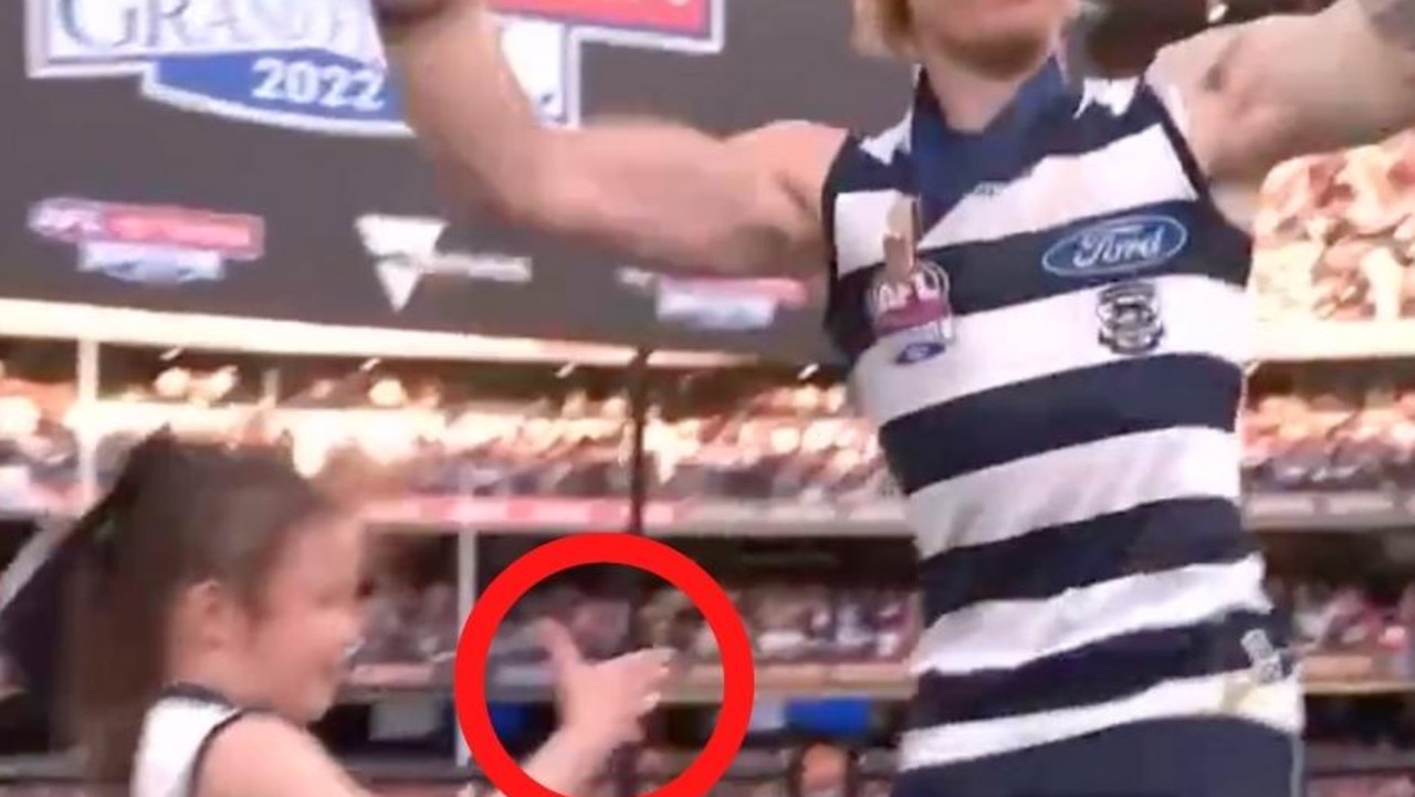 Geelong defender Tom Stewart is under fire for his treatment of a young Auskicker during the AFL grand final medal presentation.