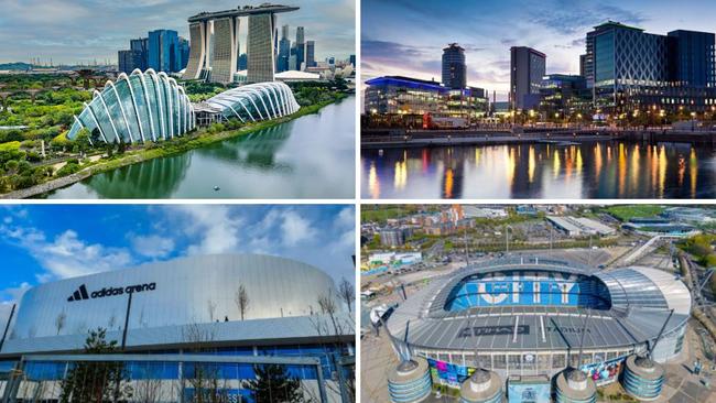 (Clockwise from top left) SEQ mayors visited Singapore's Gardens By The Bay, Manchester's MediaCity and SportCity, as well as Adidas stadium in Paris.