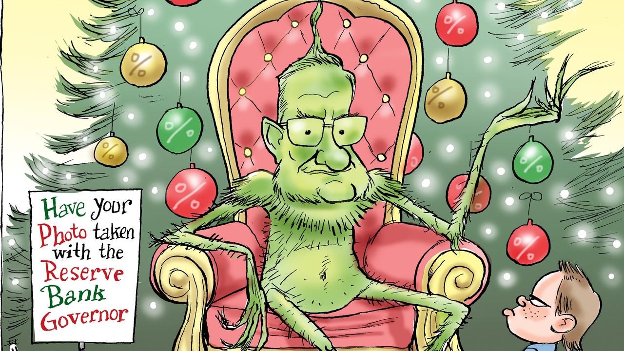 Another interest rate rise has dampened the festive mood for families already hit by the year’s cost of living crisis, leading cartoonist Mark Knight to compare Reserve Bank Governor Philip Lowe with the Grinch who stole Christmas. Picture: Mark Knight