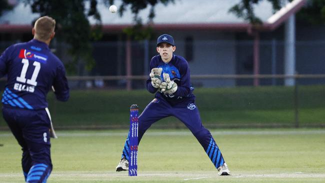 Kael Newcombe in the first Barrier Reef Big Bash T20 cricket match of the 2023 season, held between the Halpins Hurricanes and the Designer Homes Dare Devils at Griffiths Park, Manunda. Picture: Brendan Radke