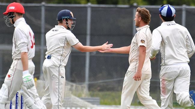 Norths players celebrate a wicket Cricket action between Norths V Sunny Coast Saturday December 17, 2022. Picture: John Gass