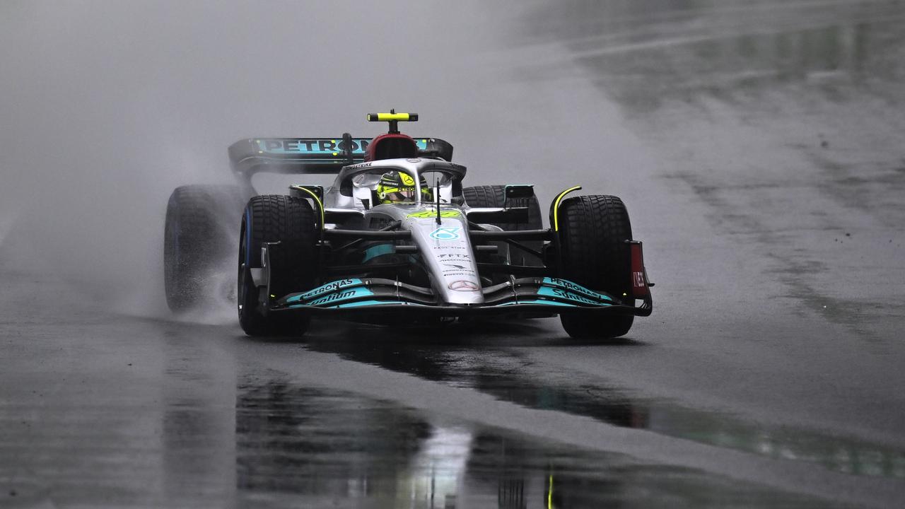 Hamilton’s Mercedes handled the wet conditions well. Picture: Clive Mason/Getty Images