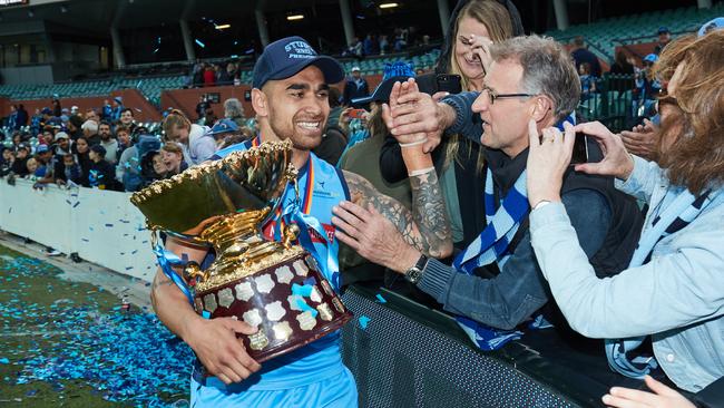 Sturt's Byron Sumner celebrates winning the 2017 SANFL premiership. Picture: AAP Image