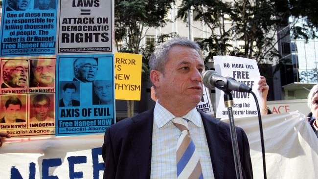 Haneef's lawyer Peter Russo speaking to supporters during the case.