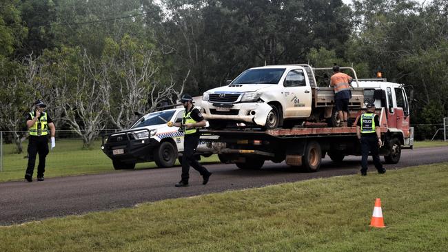 NT Police Major Crash Investigation Unit investigates a pedestrian crash in Bees Creek. A woman was critically injured and a man suffered minor injuries. Their two dogs were killed in the crash. Picture: Sierra Haigh