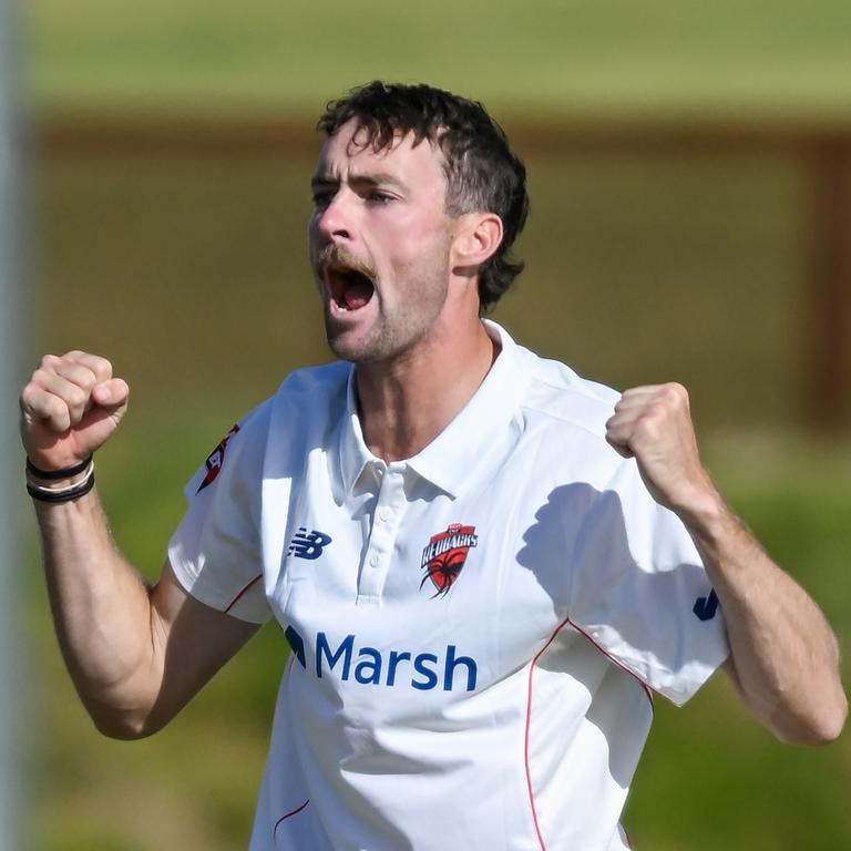 Young SA fast bowler Jordan Buckingham starred with 7-71 as the Redbacks fought back against Tasmania, but their resistance was short-lived. Picture: Mark Brake / Getty Images