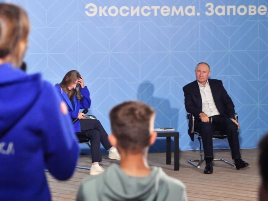 The Russian tyrant slouched as he spoke to teenagers in Kamchatka. Picture: EPA/AAP