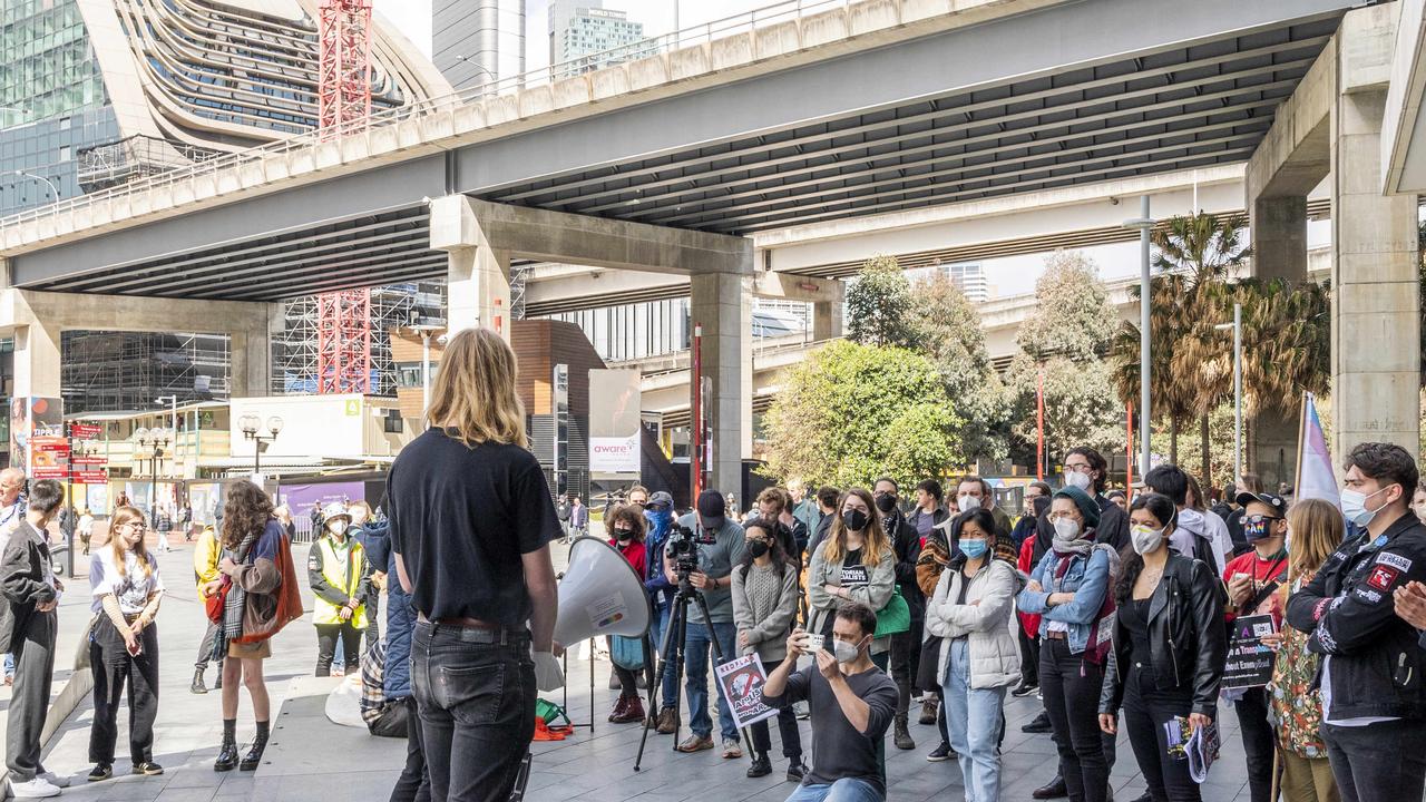 Protesters congregate outside of the ICC Sydney. Picture: NewsWire / Monique Harmer