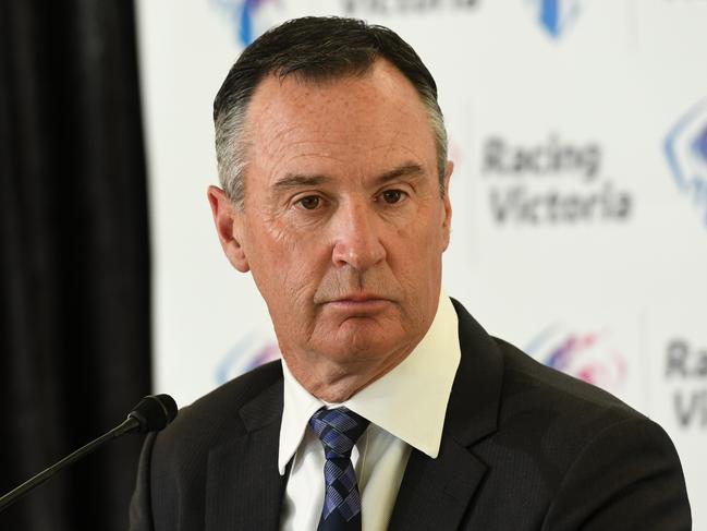 MELBOURNE, AUSTRALIA - APRIL 28: (L-R) Racing Victoria's  Executive General Manager Ã¢â¬â Integrity Services, Jamie Stier and Chairman of Racing Victoria, Brian Kruger are seen during the Racing Victoria media opportunity at Flemington Racecourse on April 28, 2021 in Melbourne, Australia. Racing Victoria conducted a review into the injury rate of international horses that compete in the Spring Racing Carnival and the Melbourne Cup. (Photo by Vince Caligiuri/Getty Images)