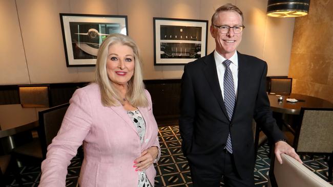 Crown Resorts’ former executive chair Helen Coonan with former CEO Ken Barton. Mr Barton received nearly $6.3m – almost twice what he earned the year before due to a $3.5m termination benefit. Picture: David Geraghty