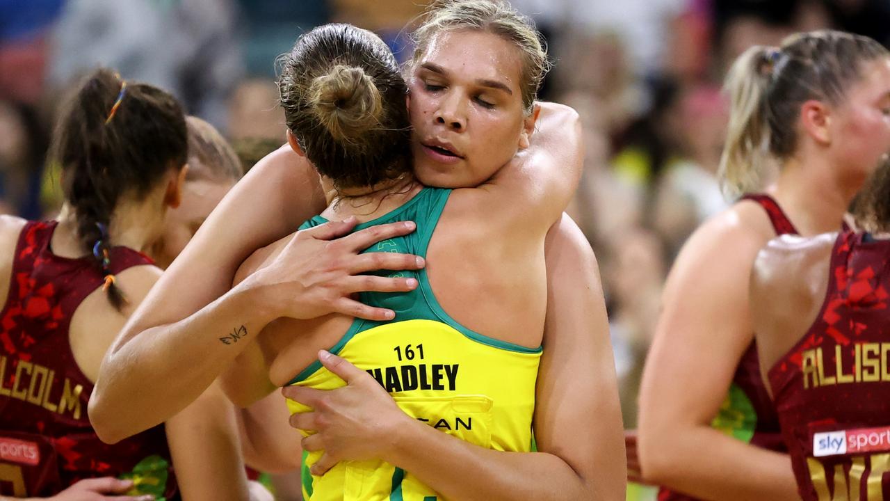 Donnell Wallam and Paige Hadley hug after Wallam’s incredible debut performance to seal victory.