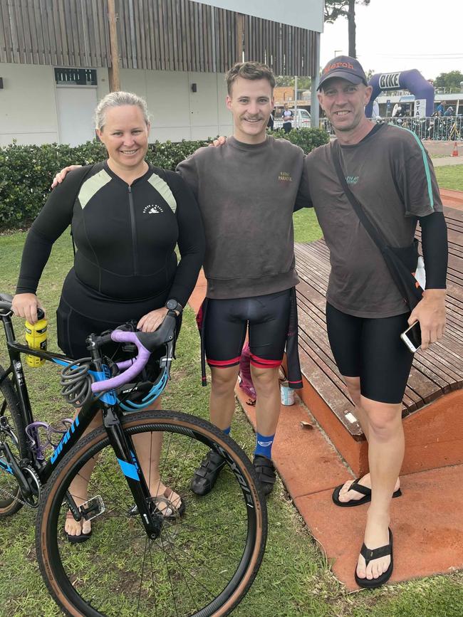 Amy, Dan and Oliver Kellahan at the Hervey Bay 100 Triathlon on Sunday, November 26, 2023.