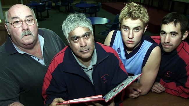 Sport Football SFL Brighton Football Club from left president Ross Howard coach Des James and players Michael Thompson and Tom James discuss the clubs future Picture: Raoul Kochanowski