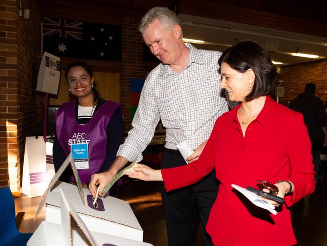 Watson federal Labor MP Tony Burke and his wife Skye cast their votes at Punchbowl Public School on Saturday. Picture: Jordan Shields)