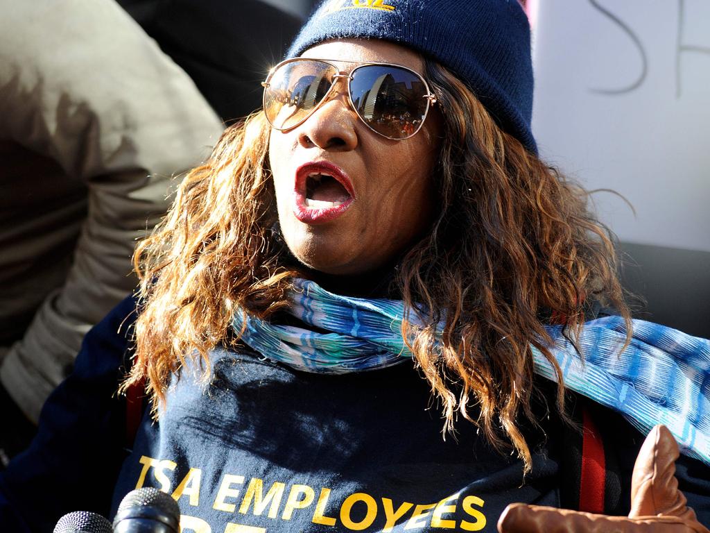 Former Transport Security Administration employee Valyria Lewis addresses a rally as airports are crippled by long delays. Picture: Joseph Prezioso / AFP 