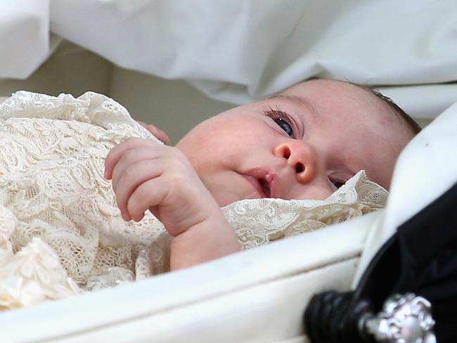 Princess Charlotte of Cambridge is pushed in her silver cross pram as she leavesthe Church of St Mary Magdalene on the Sandringham Estate for the Christening of Princess Charlotte of Cambridge on July 5, 2015 in King’s Lynn, England. Picture: Getty