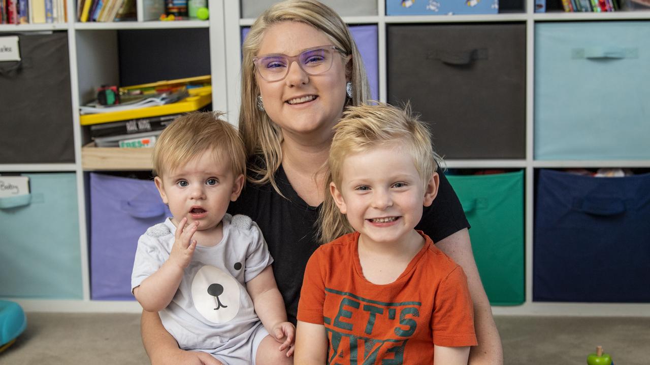 Ash Webb lives with Endometriosis, pictured with sons Spencer (left) and Fletcher. Sunday, March 13, 2022. Picture: Nev Madsen.