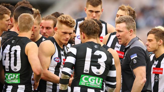 Nathan Buckley urges his men on against the Bombers. Picture: Getty Images