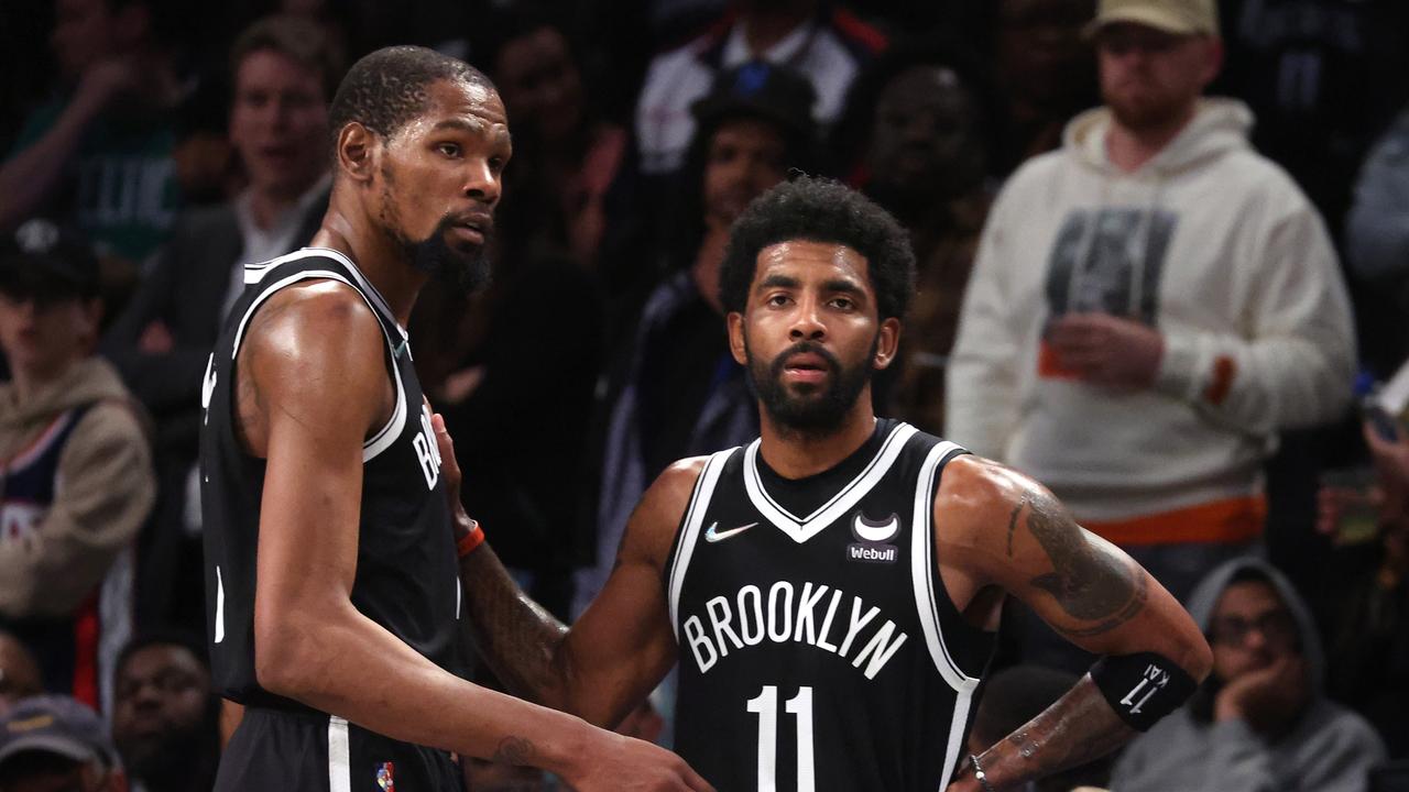 Kevin Durant and Kyrie Irving. Photo by Al Bello/Getty Images.