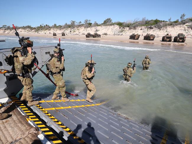 Australian Forces during a beach assault at Langhams Beach in Shoalwater Bay. Picture: Peter Wallis