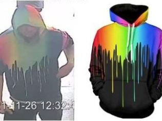 Police are looking for the man who was wearing a black hoodie with rainbow colours. Picture: Victoria Police