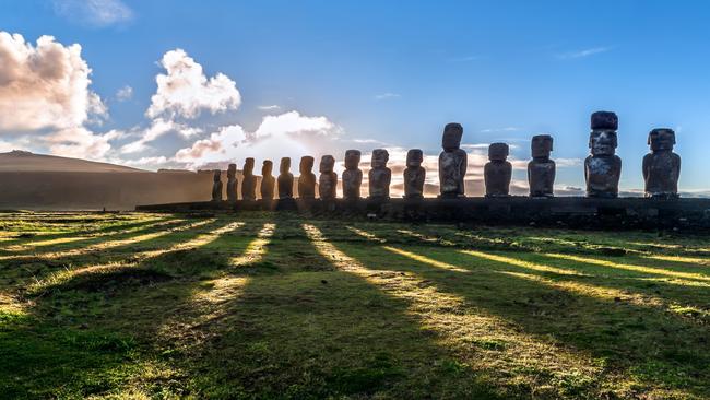 The 15 Moai statues at Ahu Tongariki, Easter Island (Rapa Nui), Chile.