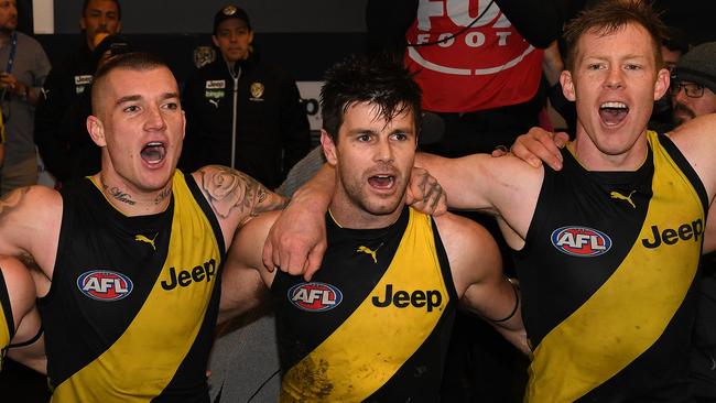 Dustin Martin, Trent Cotchin and Jack Riewoldt of the Tigers. Photo: (AAP Image/Julian Smith)