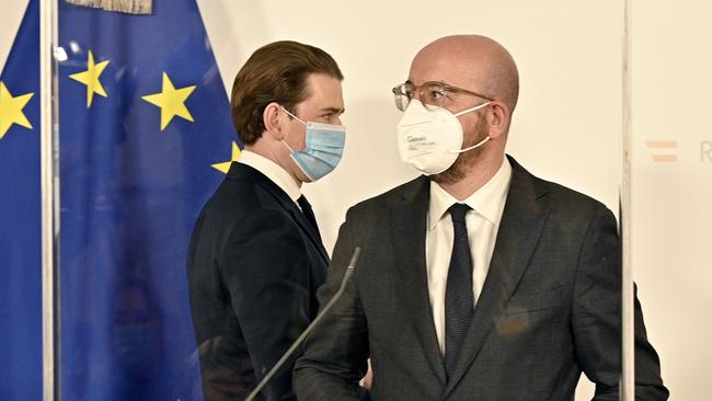 Austrian Chancellor Sebastian Kurz, rear, and European Council president Charles Michel in Vienna, Austria, on November 9. Picture: AFP