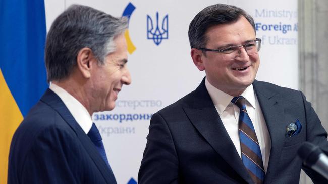 Ukrainian Foreign Minister Dmytro Kuleba (R) and US Secretary of State Antony Blinken give a press conference following their meeting at the Ministry of Foreign Affairs in Kieve on Wednesday. Picture: AFP.