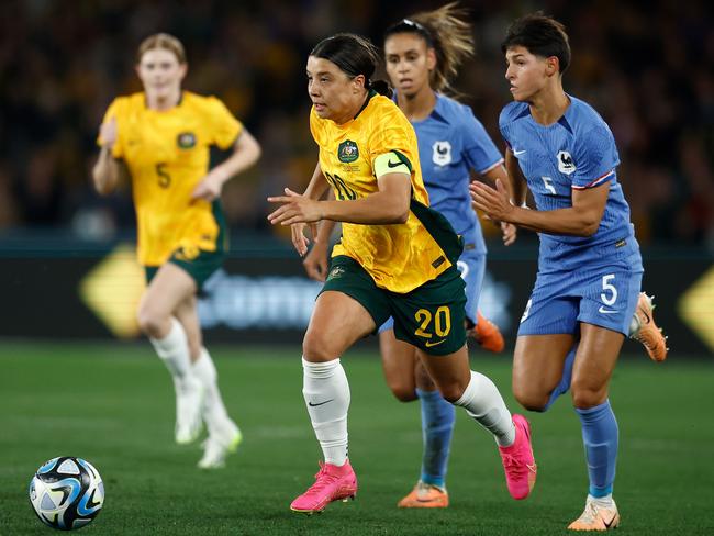 MELBOURNE, AUSTRALIA - JULY 14: Sam Kerr of the Matildas competes for the ball during the International Friendly match between the Australia Matildas and France at Marvel Stadium on July 14, 2023 in Melbourne, Australia. (Photo by Daniel Pockett/Getty Images)