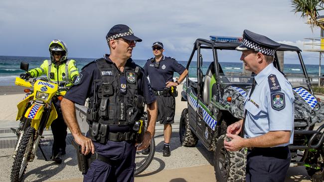 Chief Superintendent Mark Wheeler and officers on patrol in Surfers Paradise. Picture: Jerad Williams