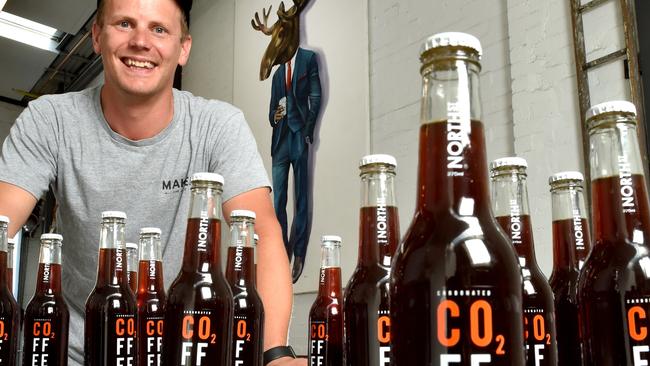 John Vroom with North St carbonated coffee at Maker cafe, Richmond. Picture: Jay Town