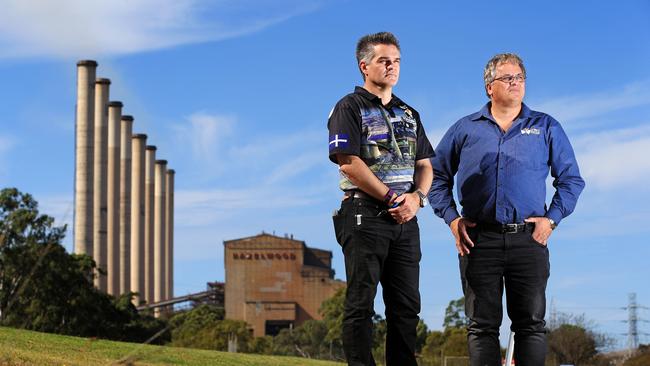 The brown coal-fuelled Hazelwood Power Station, a thermal power station located in the Latrobe Valley outside Morwell, is set to close on March 31, 2017. CFMEU Hazelwood lodge president Mark Richards, left, and CFMEU state mining division secretary Geoff Dyke. Picture: Mark Stewart