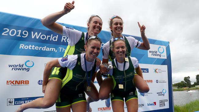 Lucy Stephan, with teammates Sarah Hawe, Olympia Aldersey and Katrina Werry are used to smiling after winning big races. Picture: Getty Images