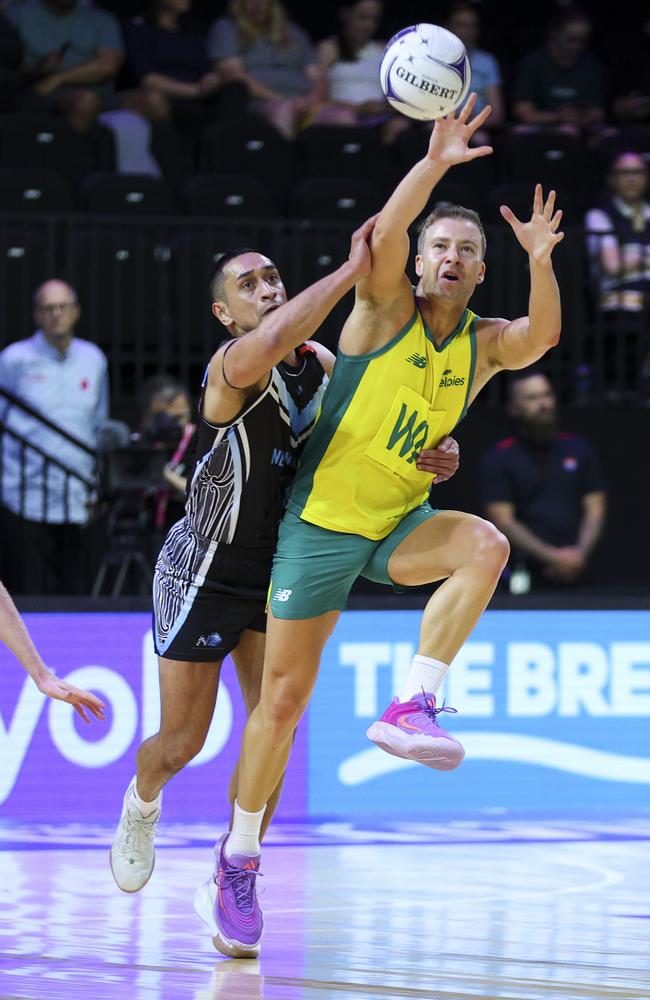 Australia’s Riley Richardson receives a pass during a Kelpies’ clash with New Zealand. THeir success is proof men’s netball is on the rise. Picture: Getty Images