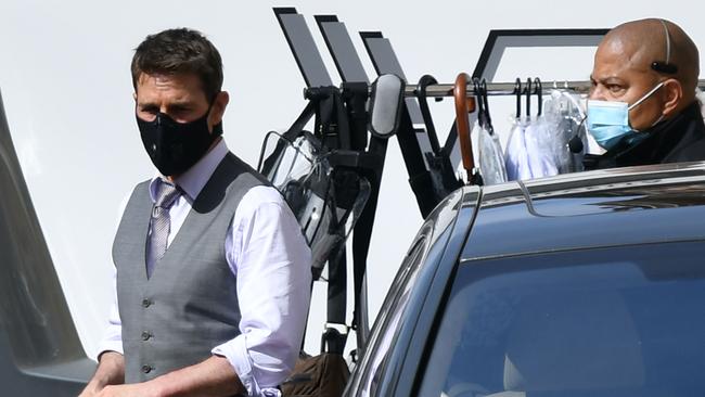 US actor Tom Cruise, left, on the set during the filming of Mission Impossible: Lybra on October 6, 2020 in Rome. Picture: AFP