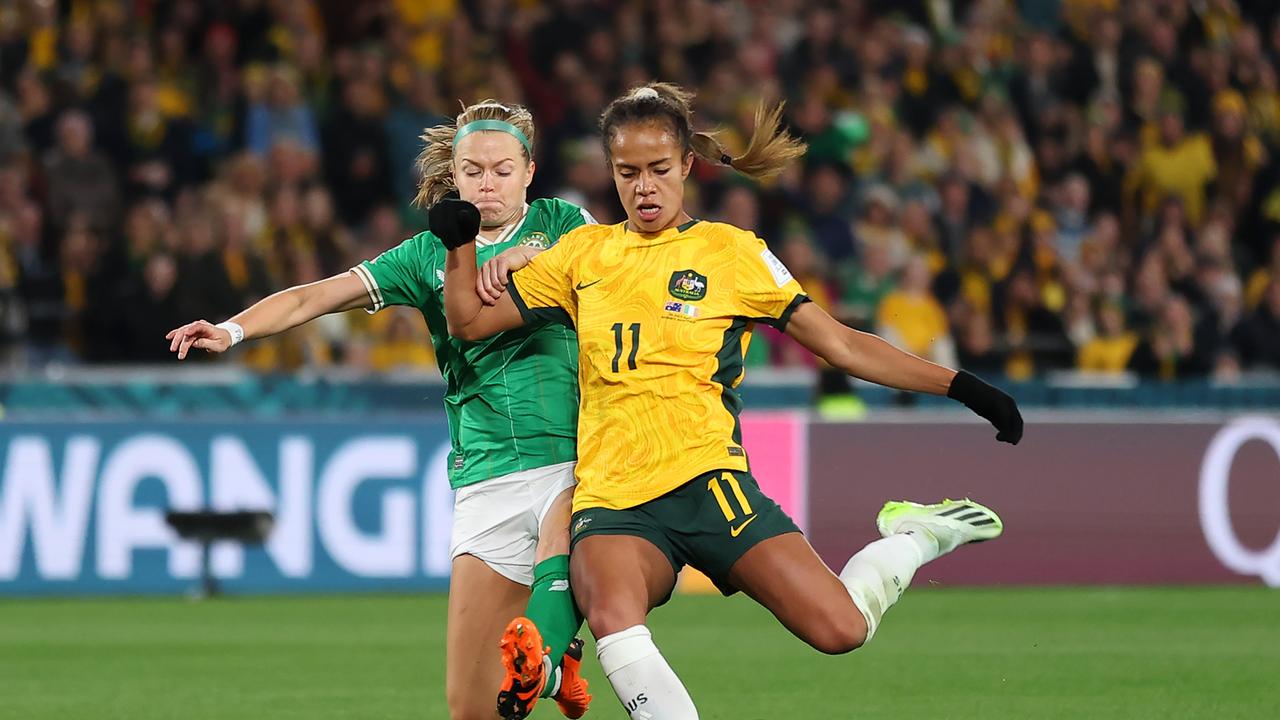 Australia's Women's World Cup captain Sam Kerr reacts during a press  conference in Brisbane, Australia, Saturday, July 29, 2023. Kerr says  she'll be available for Australia's must-win Women's World Cup game against