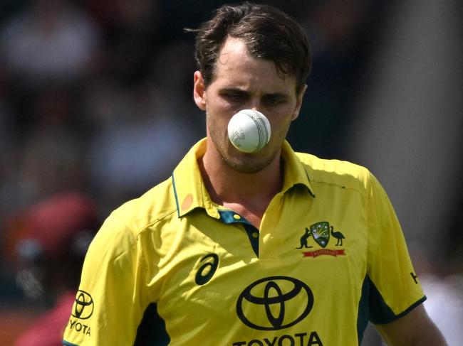 Australiaâs Lance Morris prepares to bowl during the third one-day international (ODI) cricket match between Australia and West Indies at Manuka Oval in Canberra on February 6, 2024. (Photo by Saeed KHAN / AFP) / -- IMAGE RESTRICTED TO EDITORIAL USE - STRICTLY NO COMMERCIAL USE --