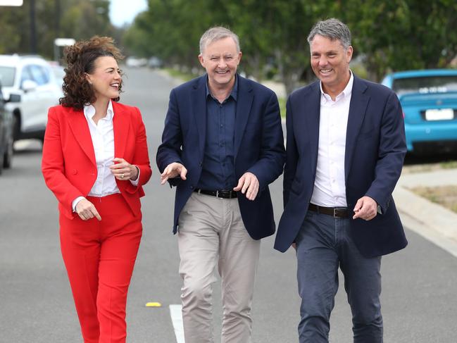 $125m for Barwon Heads Road duplication. Federal Opposition Labor leader Anthony Albanese with Labor MPs Libby Coker and MP Richard Marles at Armstrong Creek. Picture: Mike Dugdale