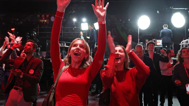 Supporters for Canada's Prime Minister and Liberal Party leader Mark Carney celebrate as results are announced during an election party in Ottawa. Picture: AFP