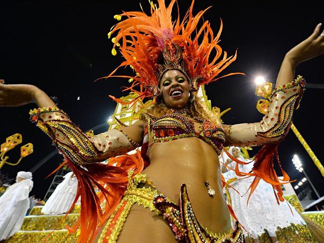 A dancer struts her stuff for the Aguia de Ouro samba school at the Sambadrome in Sao Paulo.