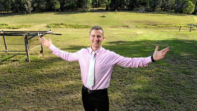 ON LOCATION: Palace Property Agents sales executive Jacob Ayre says on average 50 per cent of interest in Karalee homes, like this 4.04ha (10-acre) property on Junction Rd, is from interstate buyers. Picture: Rob Williams