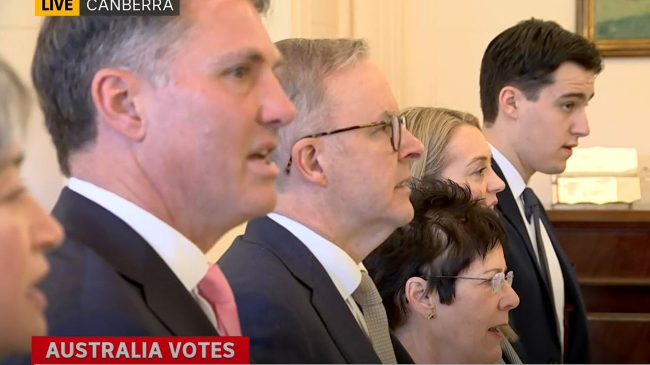 Mr Albanese was joined by his partner Jodi, son Nathan, and ministers Richard Marles, Penny Wong and Katy Gallagher.