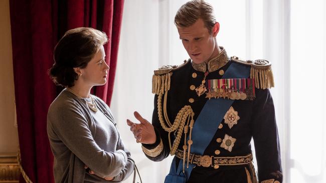 Foy and co-star Matt Smith, who plays Prince Philip. Picture: Supplied/Netflix.