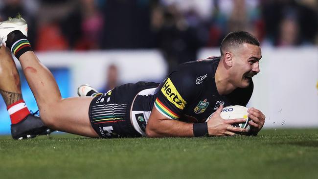 Reagan Campbell-Gillard scoring a try during NRL match between the Penrith Panthers and St. George-Illawarra Dragons at Penrith Stadium. Picture. Phil Hillyard