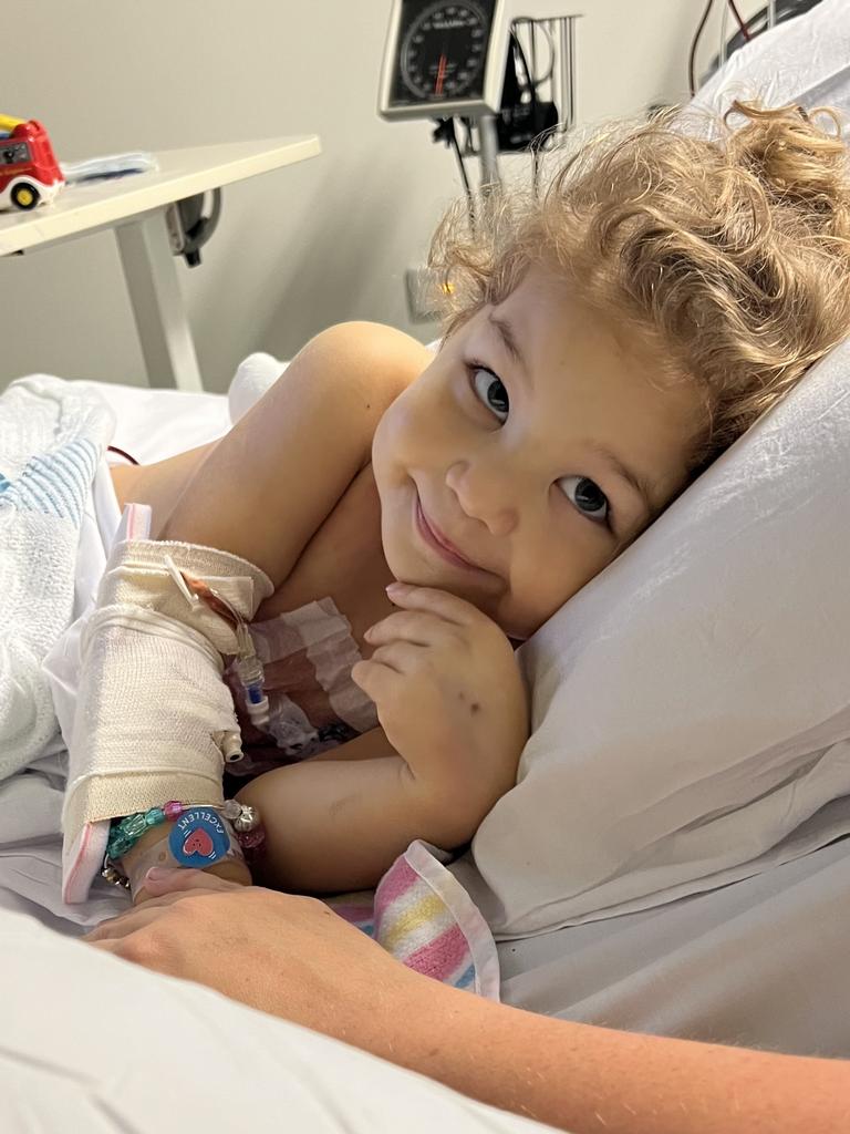 Little Lola in hospital during her treatment for leukaemia. Picture: Supplied.