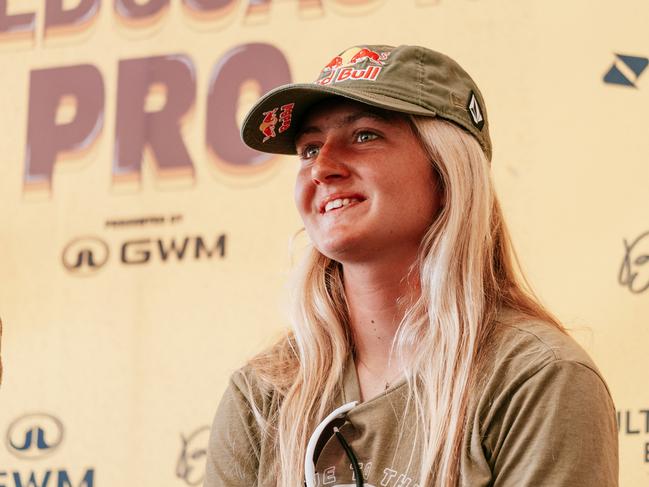 GOLD COAST, QUEENSLAND, AUSTRALIA - APRIL 26: Sierra Kerr of Australia at the Press Conference prior to the commencement of the Bonsoy Gold Coast Pro on April 26, 2024 at Gold Coast, Queensland, Australia. (Photo by Andrew Shield/World Surf League)
