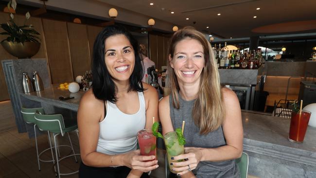 Michelle Moloney and Katie Delimon both from New Farm with non-alcoholic drinks at the Hellenika bar at the Calile Hotel. Picture: Annette Dew