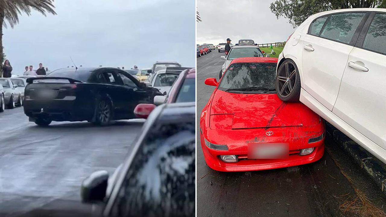 This is the moment a boy racer lost control of his car and slammed into a parked car, forcing it to mount a third vehicle. Picture: Supplied